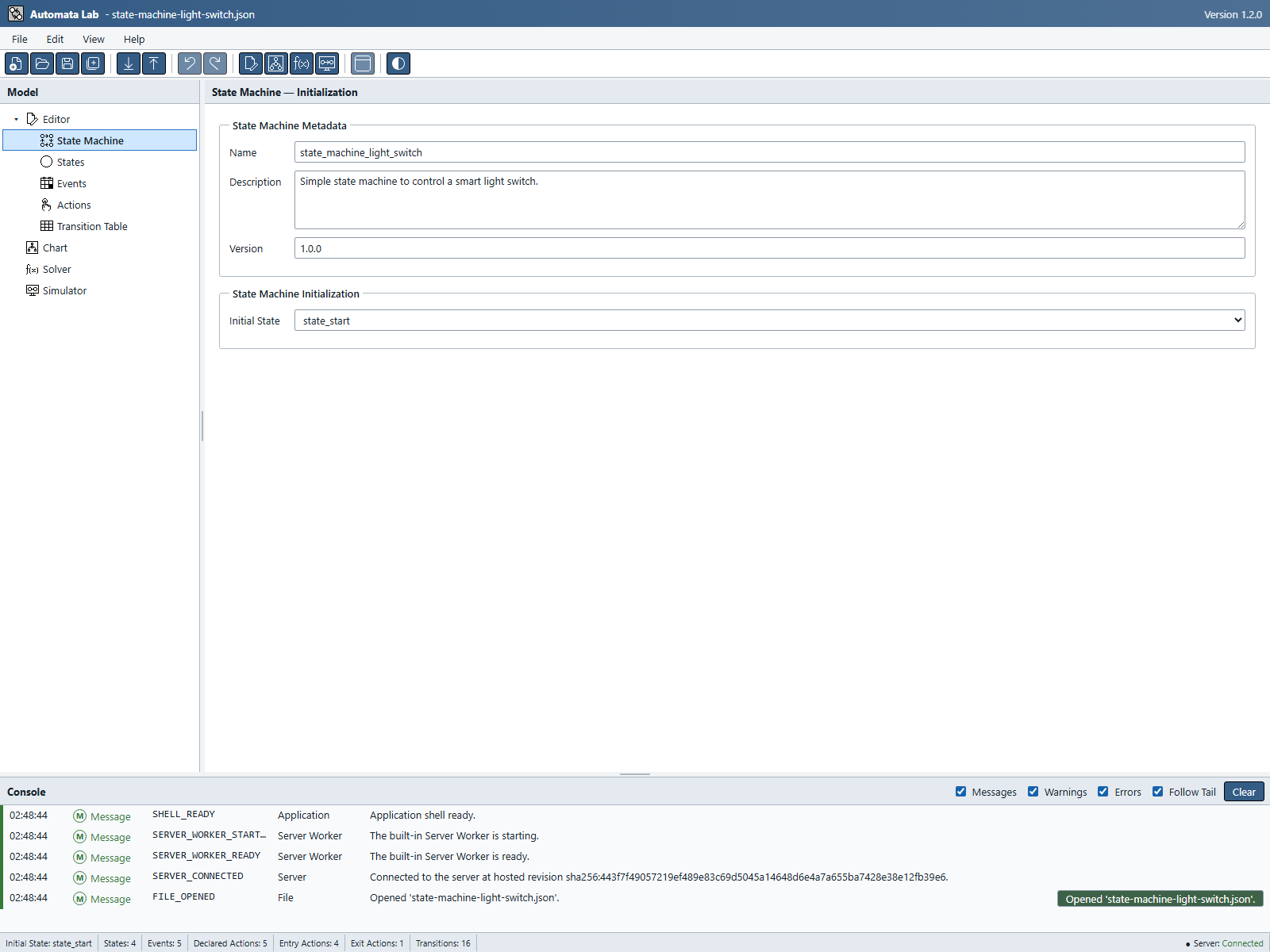 State Machine form showing the light-switch metadata and state_start as Initial State.
