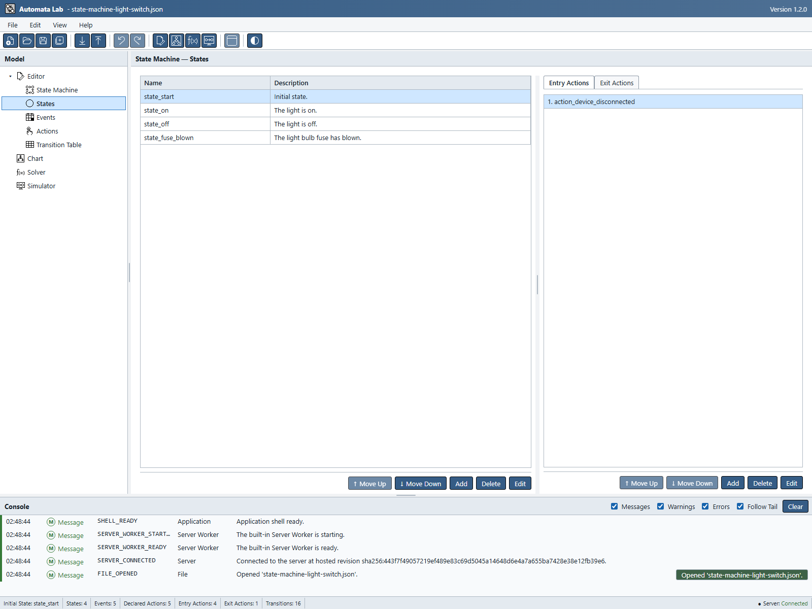 States catalog with state_start selected and action_device_disconnected in the Entry Actions tab.