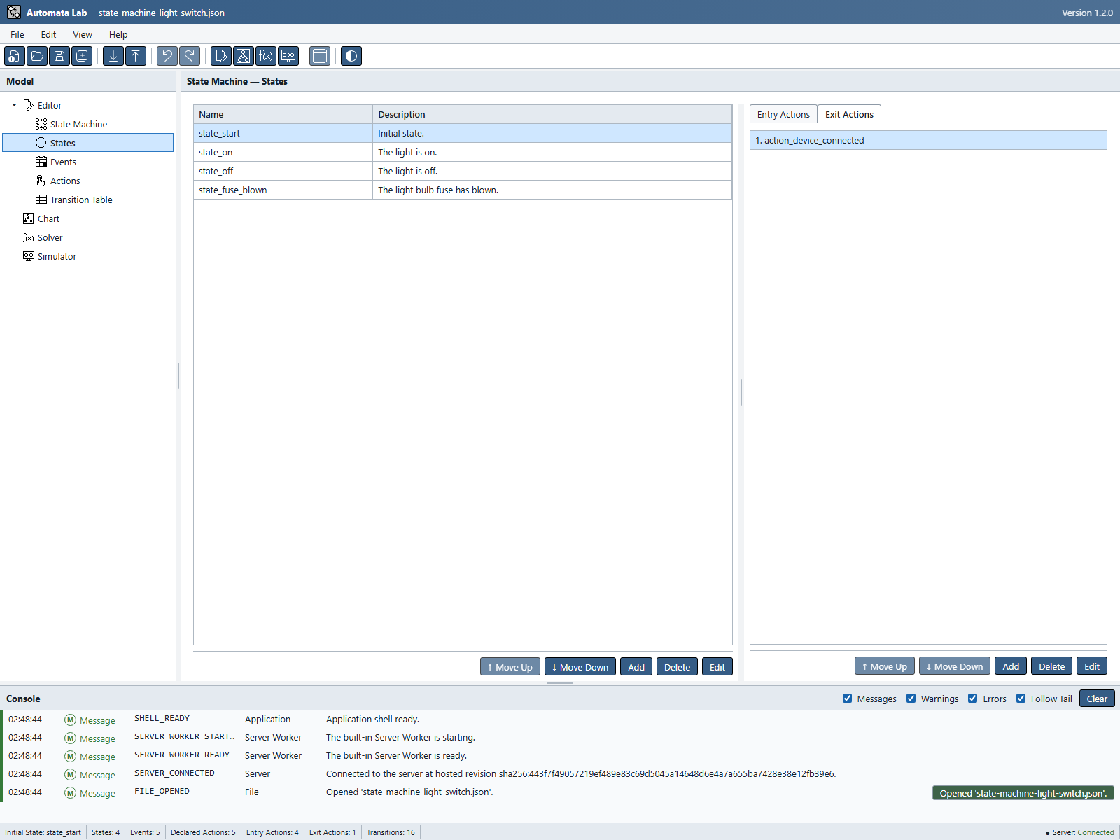 The same state_start selection with action_device_connected in the Exit Actions tab.