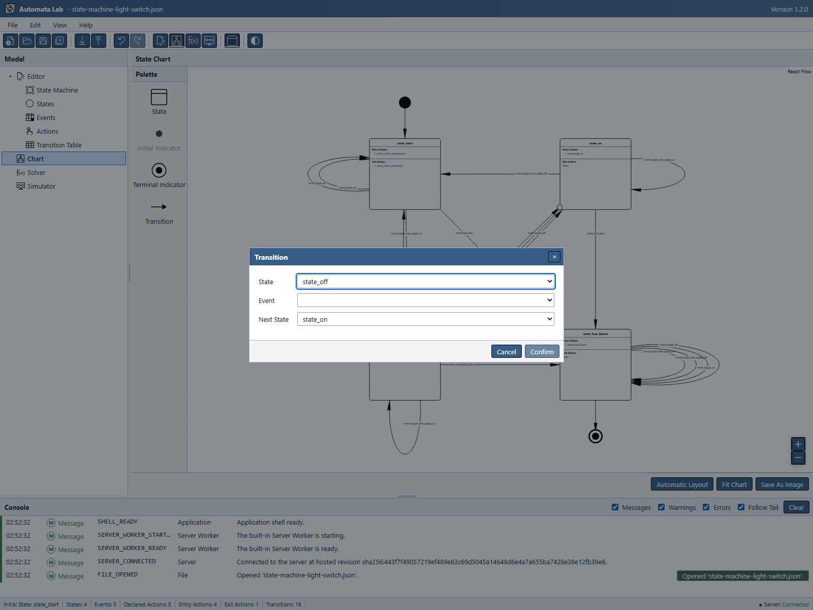 Transition dialog over the Chart with State state_off, Next State state_on, and an empty Event field.