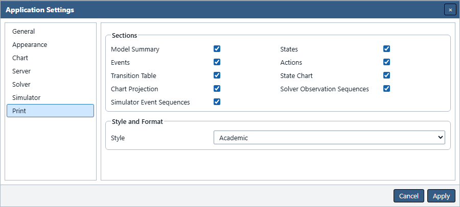 Application Settings Print page with all nine sections checked and Academic selected under Style and Format.