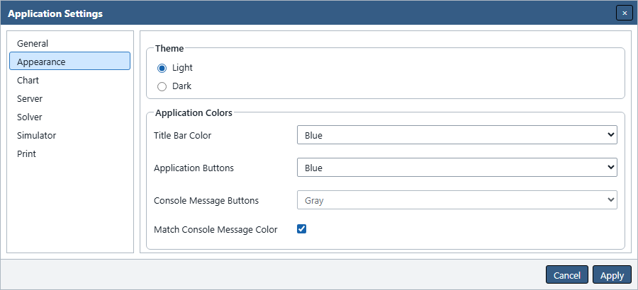 Appearance settings with Light selected, Blue title bars and application buttons, and disabled Gray Console color while matching is checked.