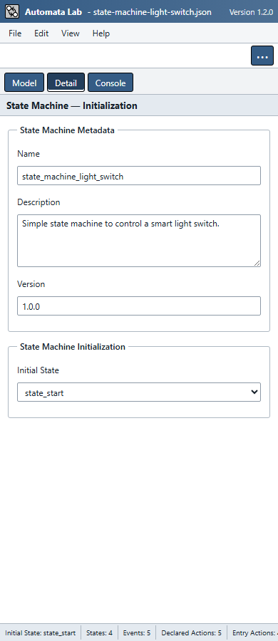 390-pixel-wide application with Model, Detail, and Console navigation, More closed, and stacked State Machine form fields.