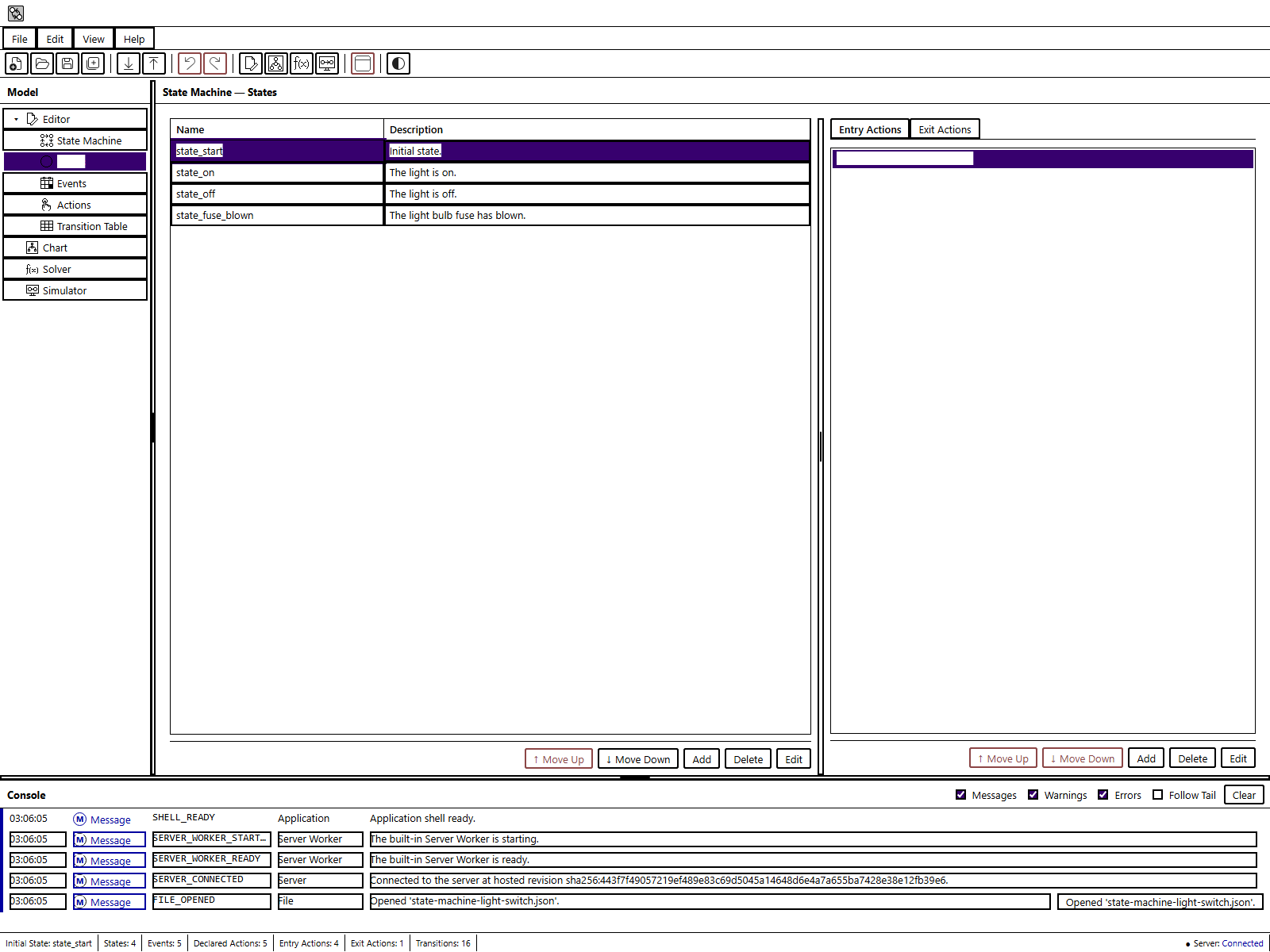 States page in forced colors with keyboard focus on state_start, Entry Actions, labeled controls, and Console severity text.